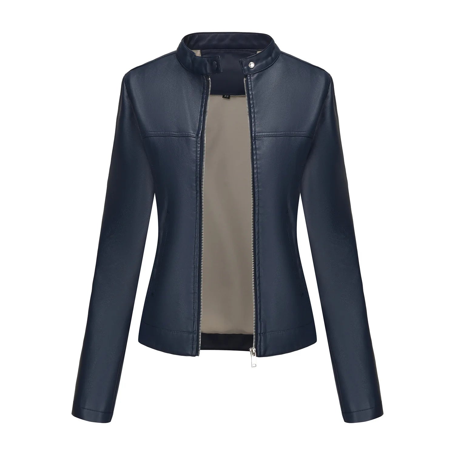 Black Women's Fitted Leather Jacket with Front Zipper & Side Pockets‌, Available in Brown, Navy Blue, and Beige.