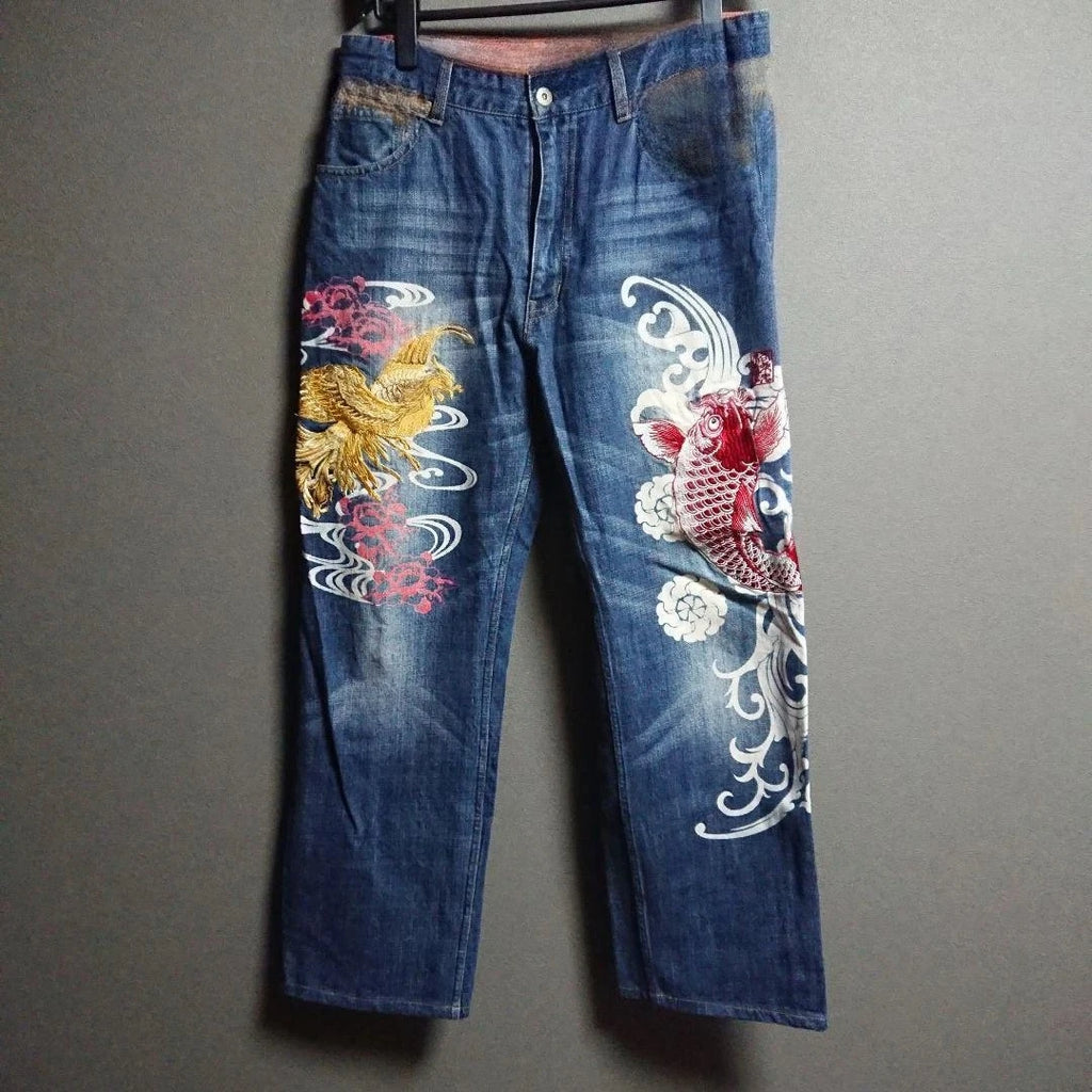 American Japanese Retro Selvedge Jeans Man Y2K High-end Brand Natural Indigo Dip Dyeing Harajuku Mopping Pants