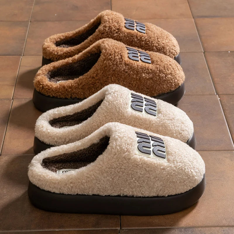 New plush cotton slippers for women, autumn and winter indoor thick sole with plush anti slip slippers, thickened cotton slipper Main image