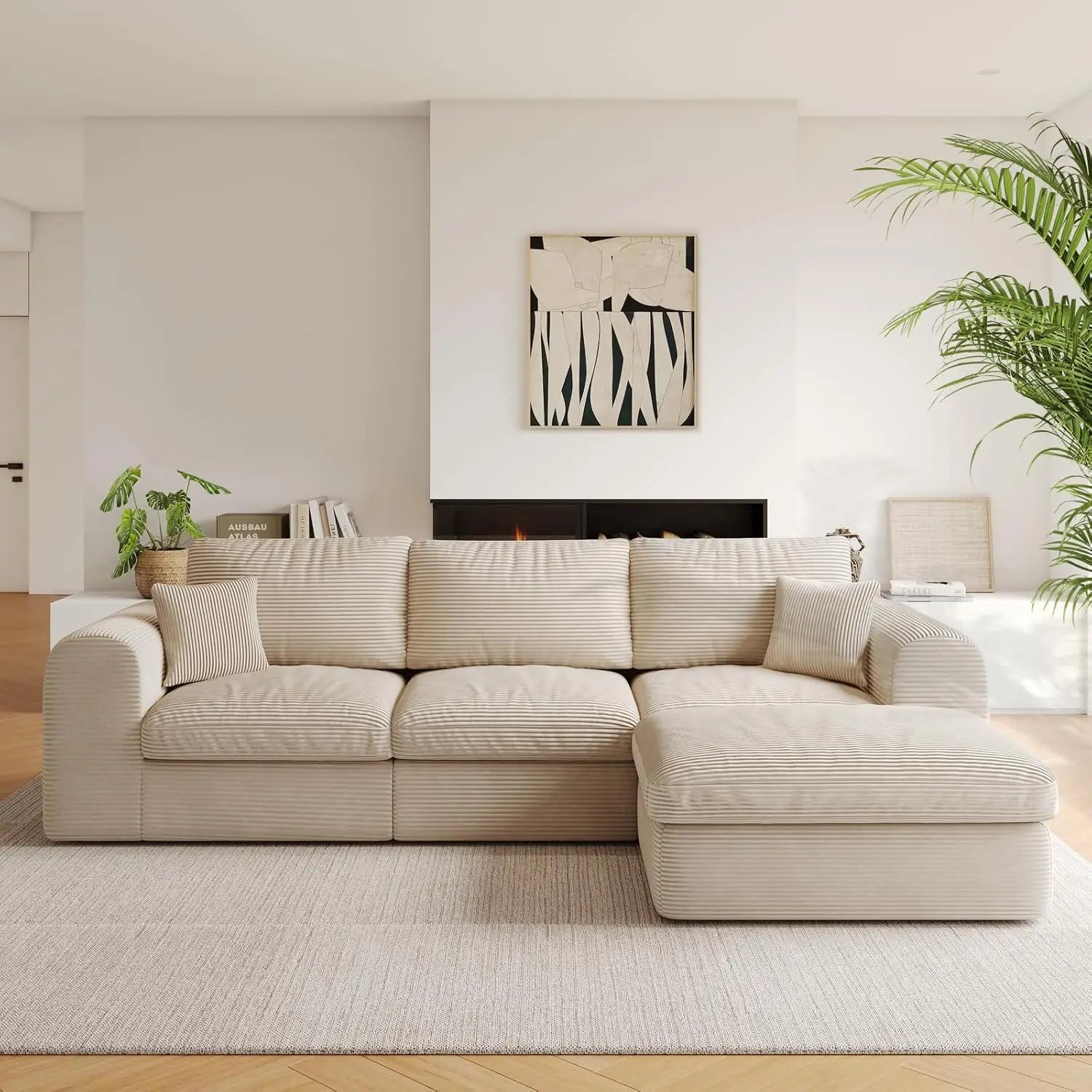 108" Boneless Cloud Sectional Couch for Small Living Room – L-Shape Modular Sofa with Ottoman, Deep Seat, Corduroy,, Customized Main image