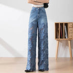 Jeans for Women High Waist Lace Patchwork Pantalones Hollow Out Oversized Spring Casual Loose All Match Pants Fashion Elegant