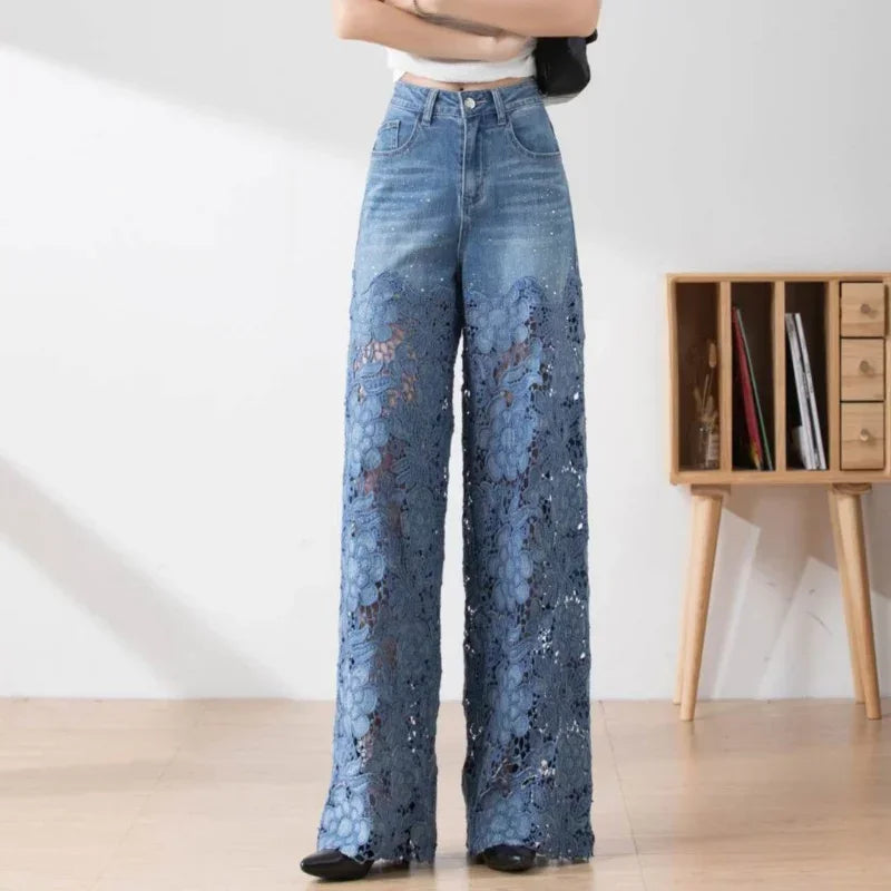 Jeans for Women High Waist Lace Patchwork Pantalones Hollow Out Oversized Spring Casual Loose All Match Pants Fashion Elegant