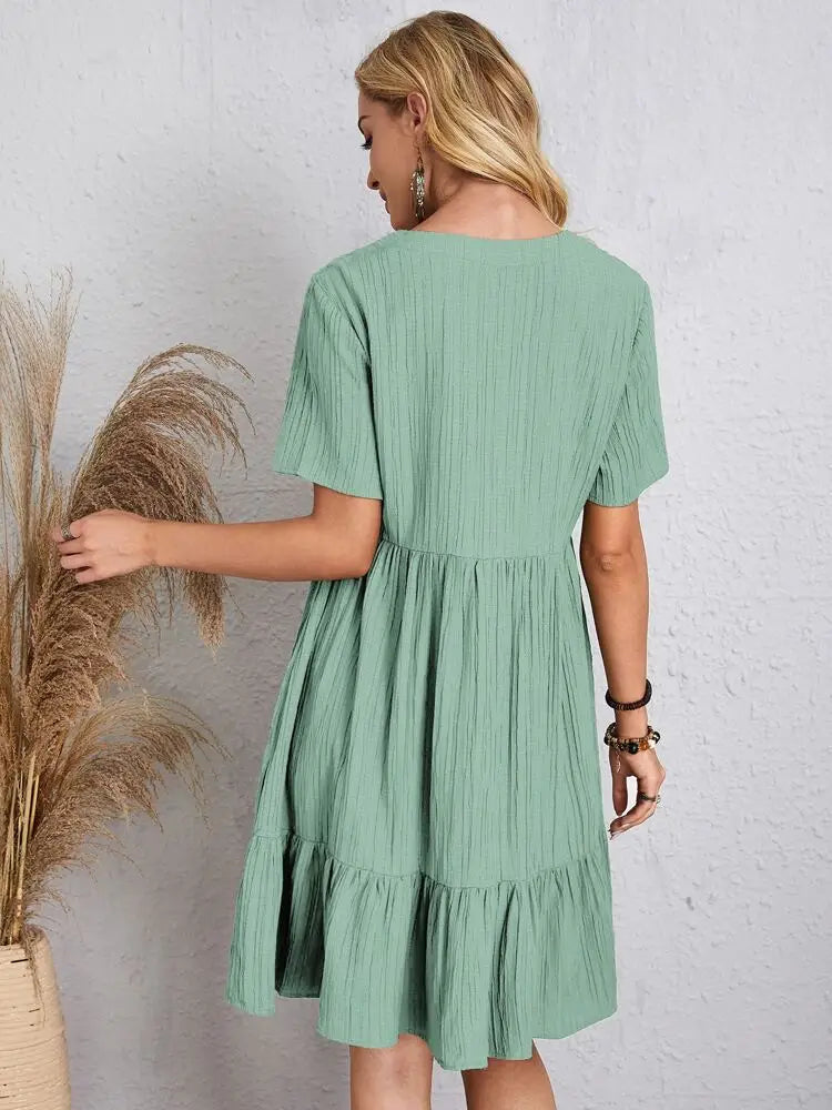 Elegant Solid V Neck A Line Dress 2024 New Summer Ruffles Loose Mini Dress Casual Short Sleeve Beach Party Vestidos Streetwear