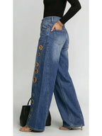 Missuoo Women's Washed Blue High-Waist Metal Grommet Wide Leg Jeans 2026 Casual Loose Fit Streetwear Pants Casual Trousers