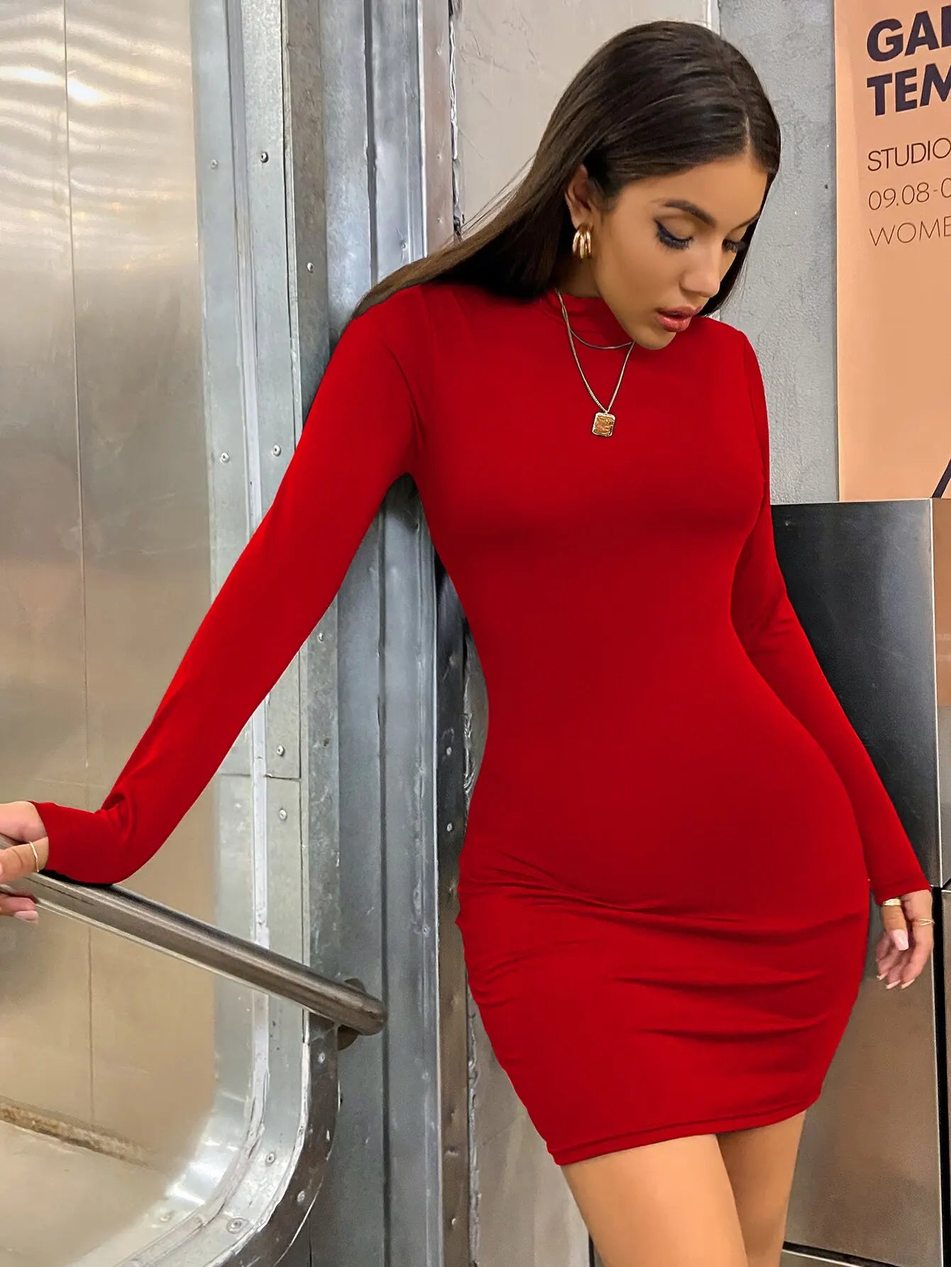 Long Sleeve Slim Bodycon Mini Dress Women Turtleneck Pleated Party Ruched Short Evening Club Outfit Soild Color Secondary image
