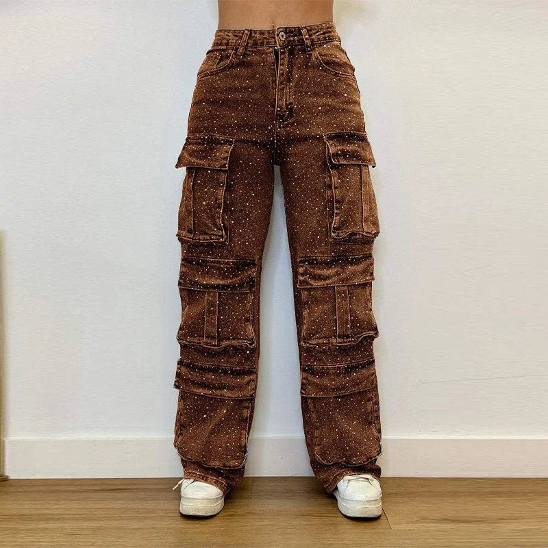 CPSYMYM Bright Drill Women's Work Jeans Chic Multiple Pockets High Waist Button Female Jean  Spring Summer Y2K Lady Streetwear