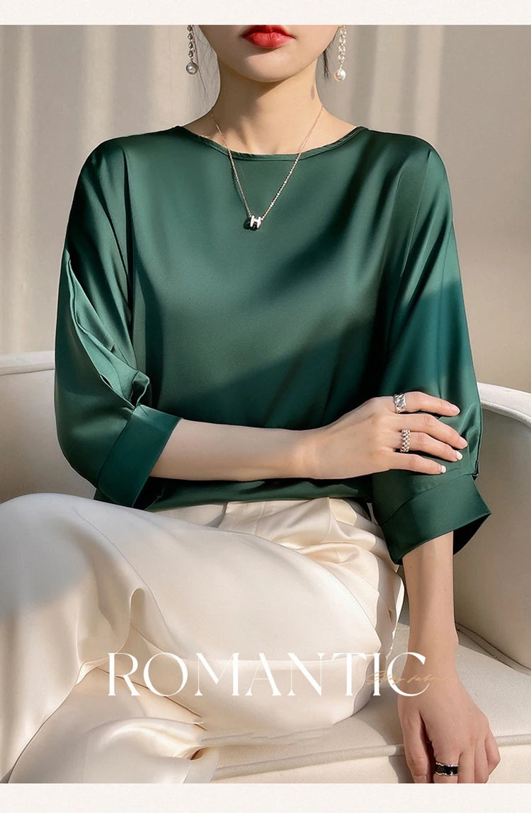 New In Summer Satin Silk Half-Sleeve Tee Tops Basic Solid Women‘s T-Shirt Casual O-neck Thin Shirts Ladies Loose Blouses