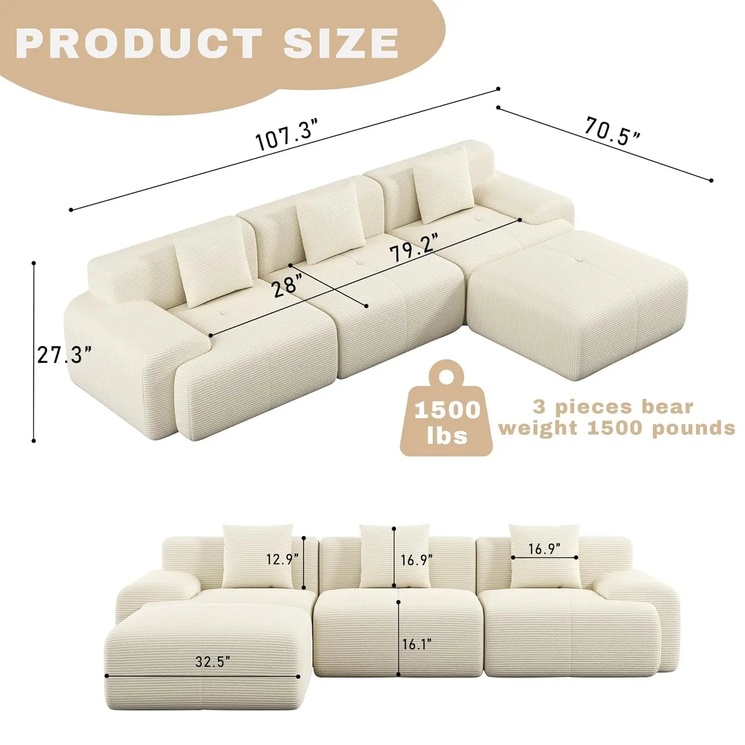 107in Modular Sectional Sofa with Ottoman L-Shape Deep Seat Corduroy Memory Foam No Assembly Living Room Furniture Custom Secondary image