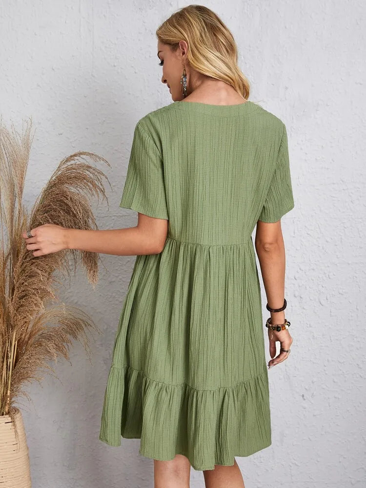 Elegant Solid V Neck A Line Dress 2024 New Summer Ruffles Loose Mini Dress Casual Short Sleeve Beach Party Vestidos Streetwear Secondary image