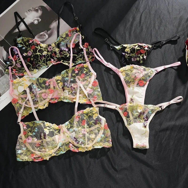Floral Embroidery Lace Bras Set Women Sheer 2-Piece Sexy Bra + Panties Lingerie Fashion Underwear Set Intimates