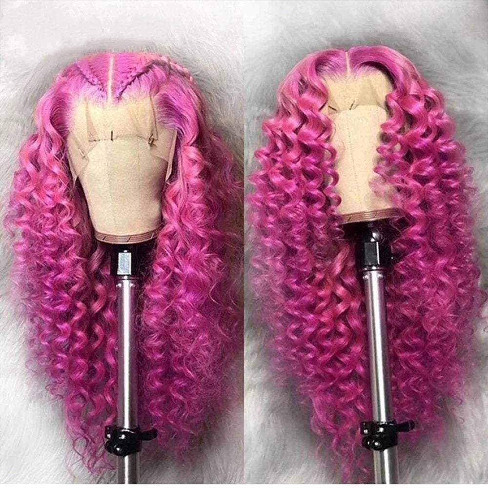 Rose Pink Small Curls Lace Front Wig 13x4 HD Deep Wave Frontal Wig for Women Synthetic Lace Frontal Wig Pre Plucked Daily