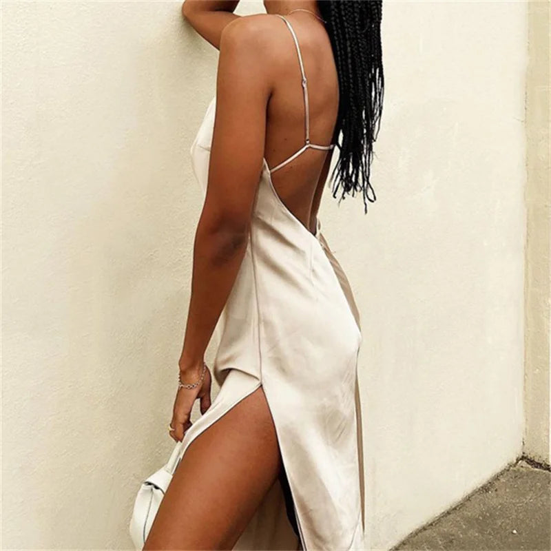 Sexy Spaghetti Strap Backless Summer Dress Women Satin Silky Spaghetti Strap Split Lace Up  Dress Elegant Bodycon Party Dresses