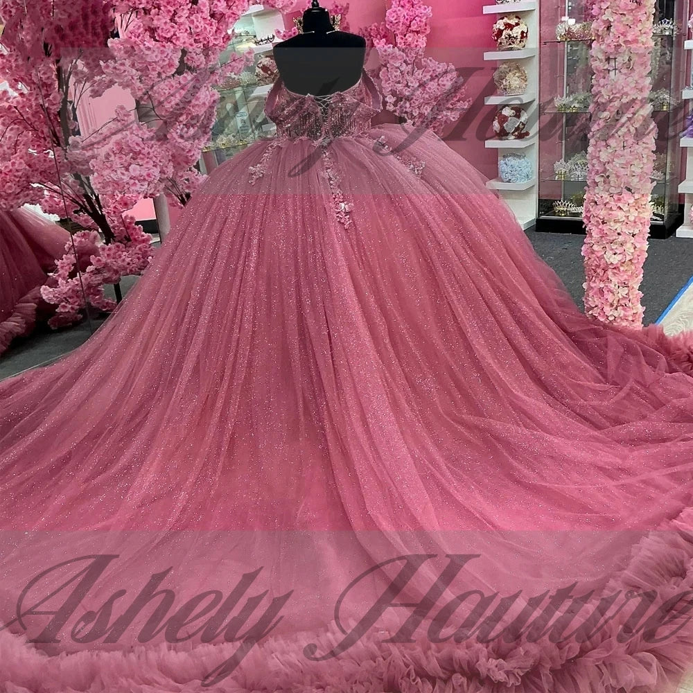 Customized Elegant Pink Quinceanera Dress Ball Gown Beads Applique Corset Pageant Sweet 15 Party Tiered Ruffle Prom Party Dress