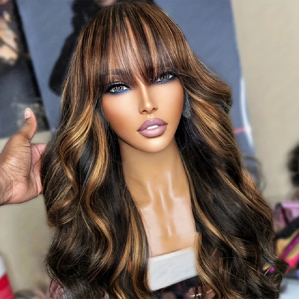 Glueless Highlighted Honey Blonde Body Wave Wig with Bangs Brazilian Human Hair Virgin Remy Machine Made Cheap Wigs On Sale 180% Main image
