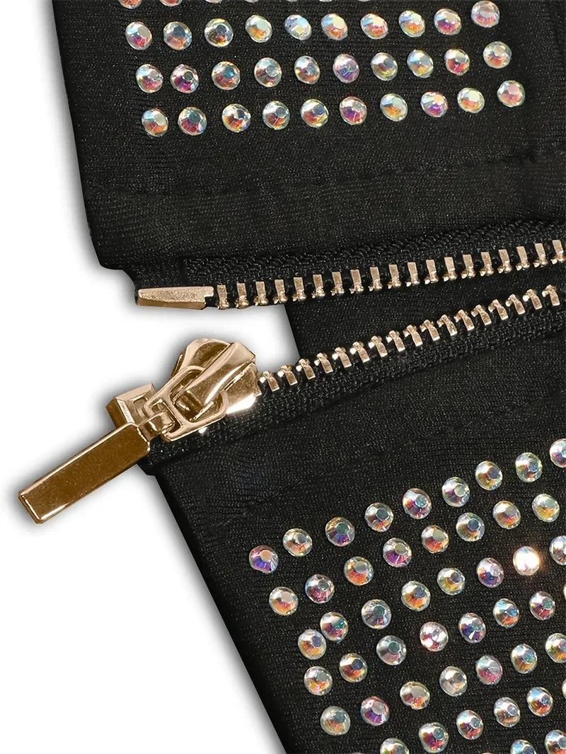 Sparkly Rhinestones Party Club Birthday Outfits for Women Two Piece Set Halter V-neck Crop Top and Mini Skirt Matching Sets