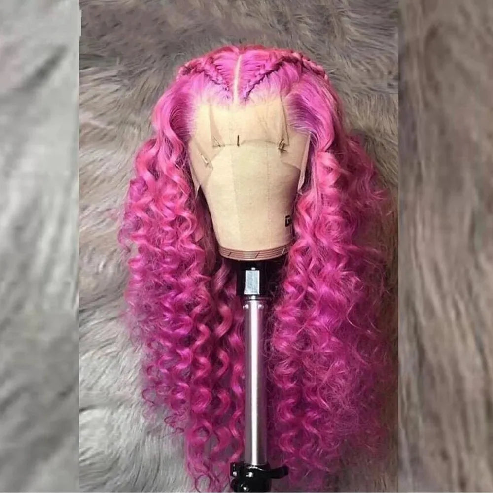 Rose Pink Small Curls Lace Front Wig 13x4 HD Deep Wave Frontal Wig for Women Synthetic Lace Frontal Wig Pre Plucked Daily