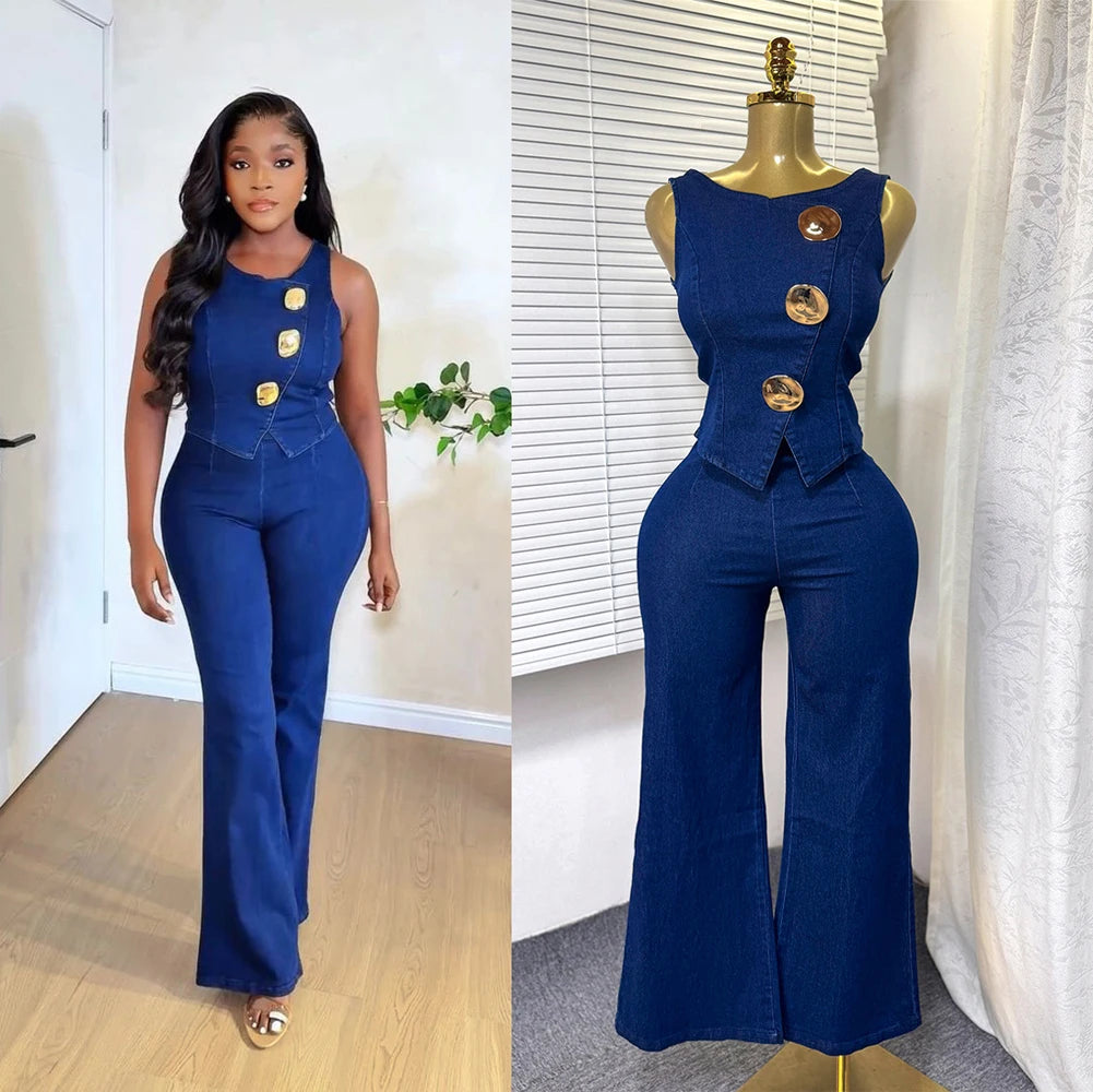 Fashion Denim Women Loungewear Sets Sleeveless Button Tank Tops and Wide Leg Jean Pants Suit 2025/2026 Holiday Outfits 2 Piece Set Main image