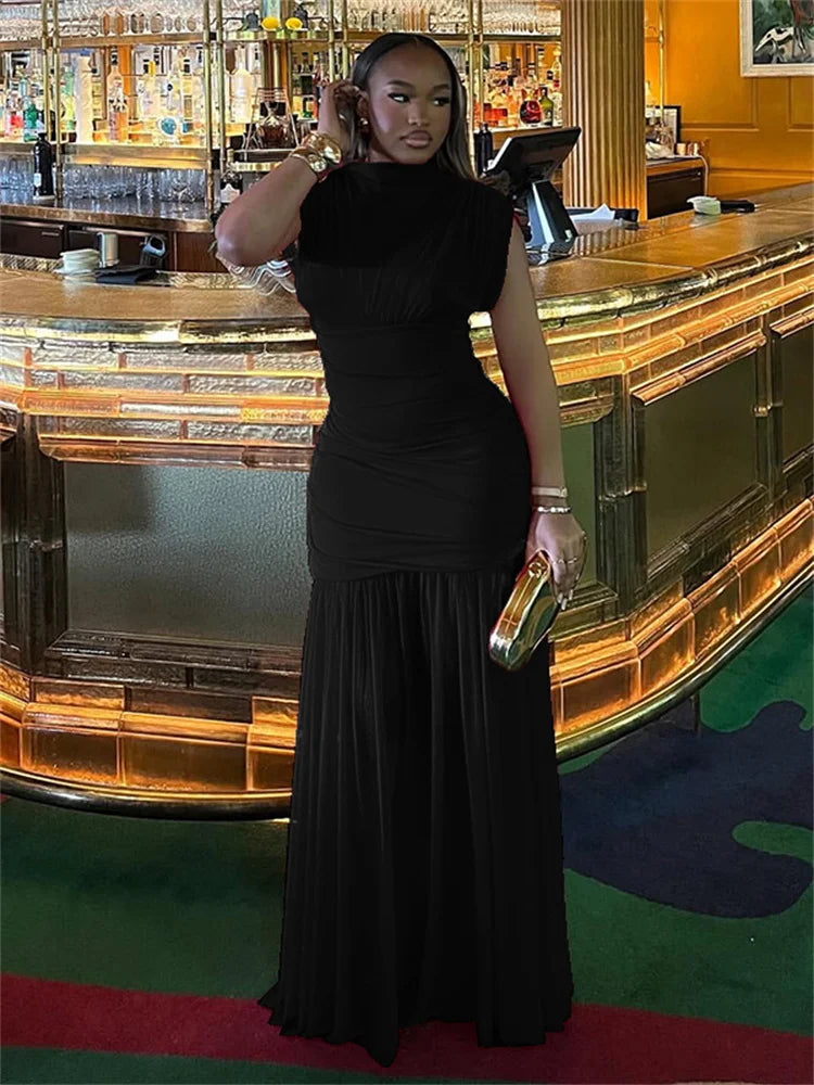 Kliou Mesh Patchwork Dress Woman Turtleneck Sleeveless Skinny High Waist Wrap Hip Midnight Prom Party Ruched Elegant Vestidos
