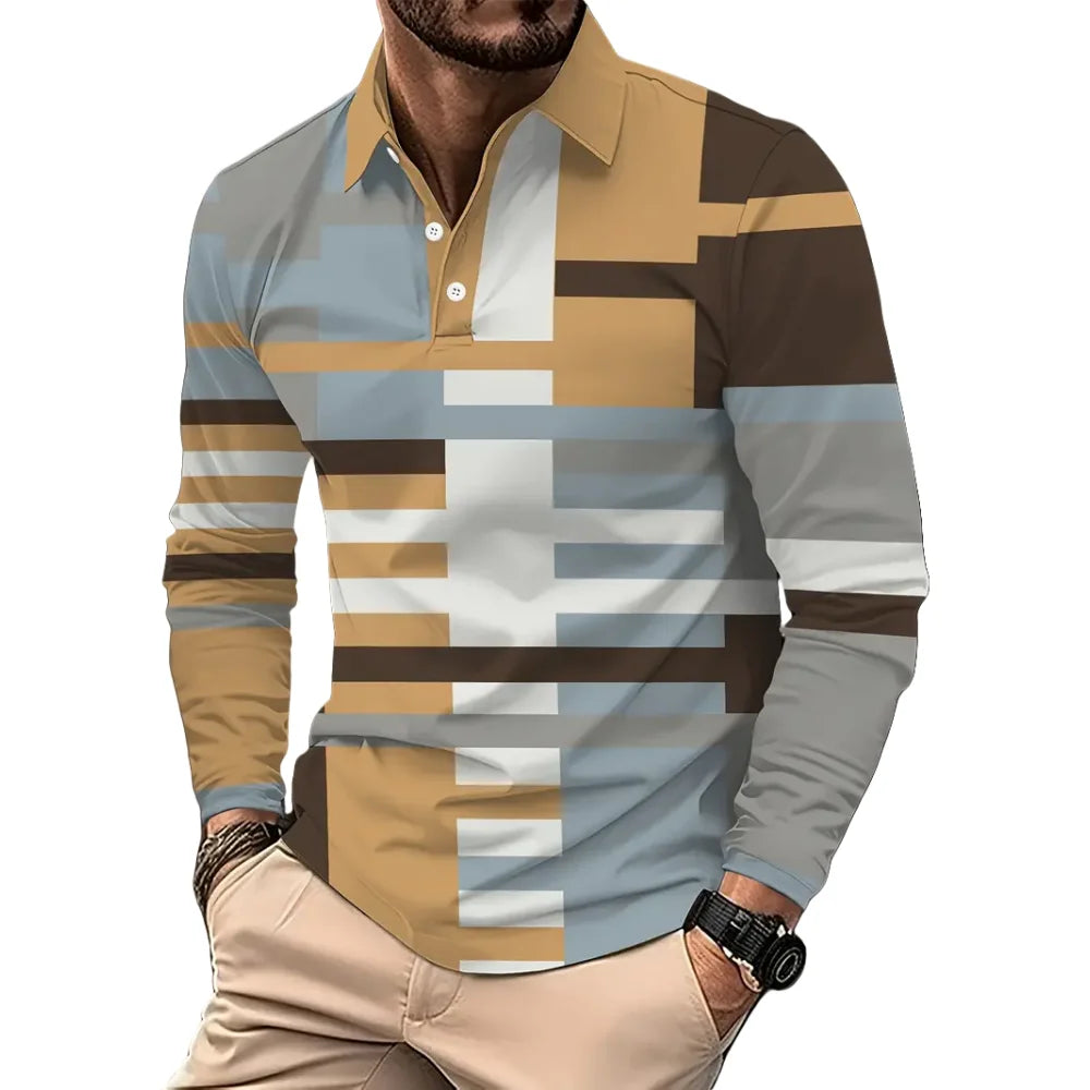 Vintage Stripe Print Mens Polo Shirts Fashion Lapel Golf Wear Men's T-Shirt Tops Street Sports Long Sleeve T Shirt Men Clothes Main image