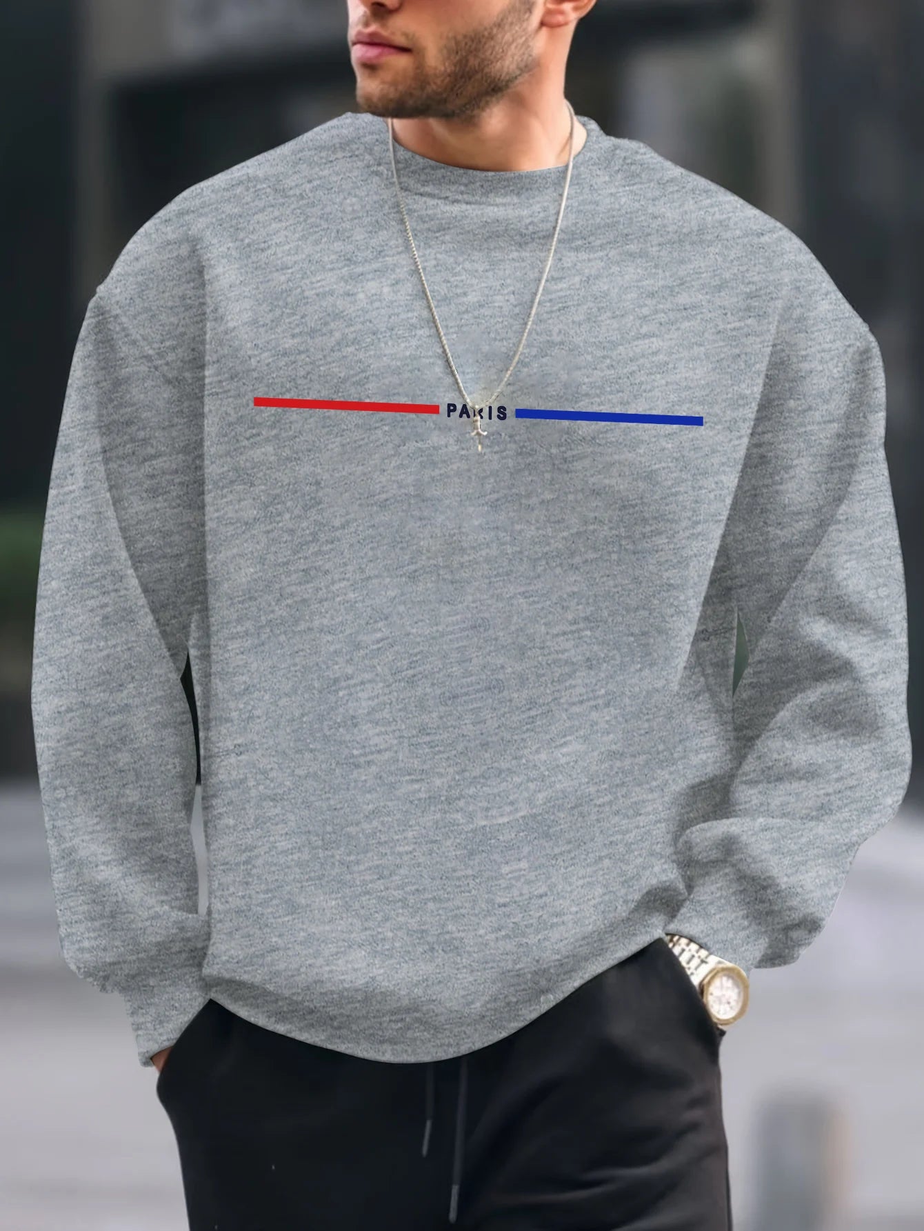Men's autumn and winter thick velvet warm and fashionable casual loose Paris print round neck long sleeved pullover