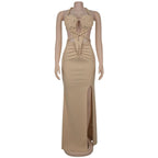 Women's Hollow Out Sleeveless Sexy Knitted Halter Neck Backless Solid Color Dress for Summer 2025