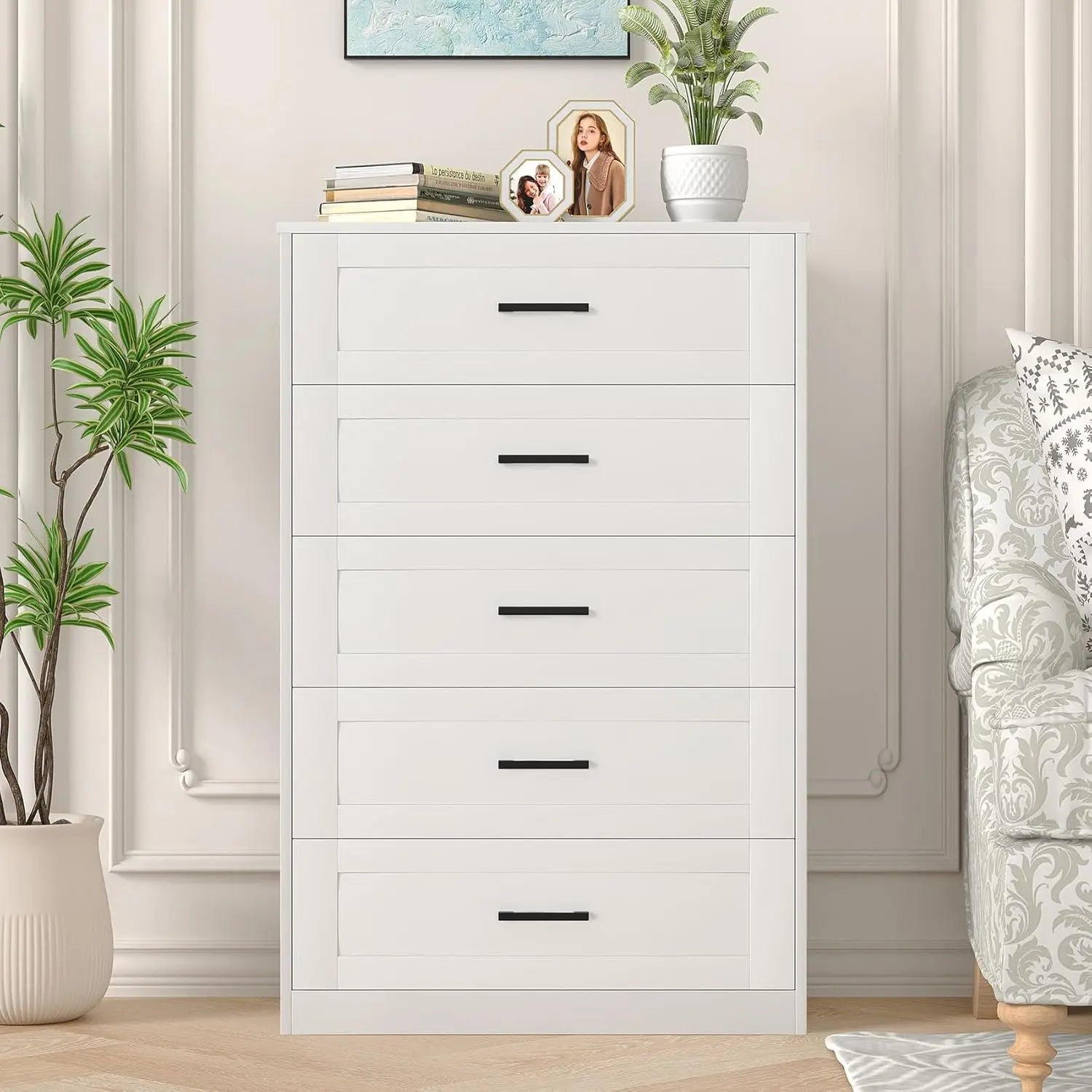 5 Drawer Dresser for Bedroom, White Dresser with Deep Drawers, Modern Tall Dresser Farmhouse Wooden Dresser Chest of Drawers