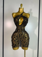 Sexy Sparkly Diamond Backless Short Dress 2026 Women Sleeveless Mesh See Through Evening Birthday Gown Singer Stage Outfit