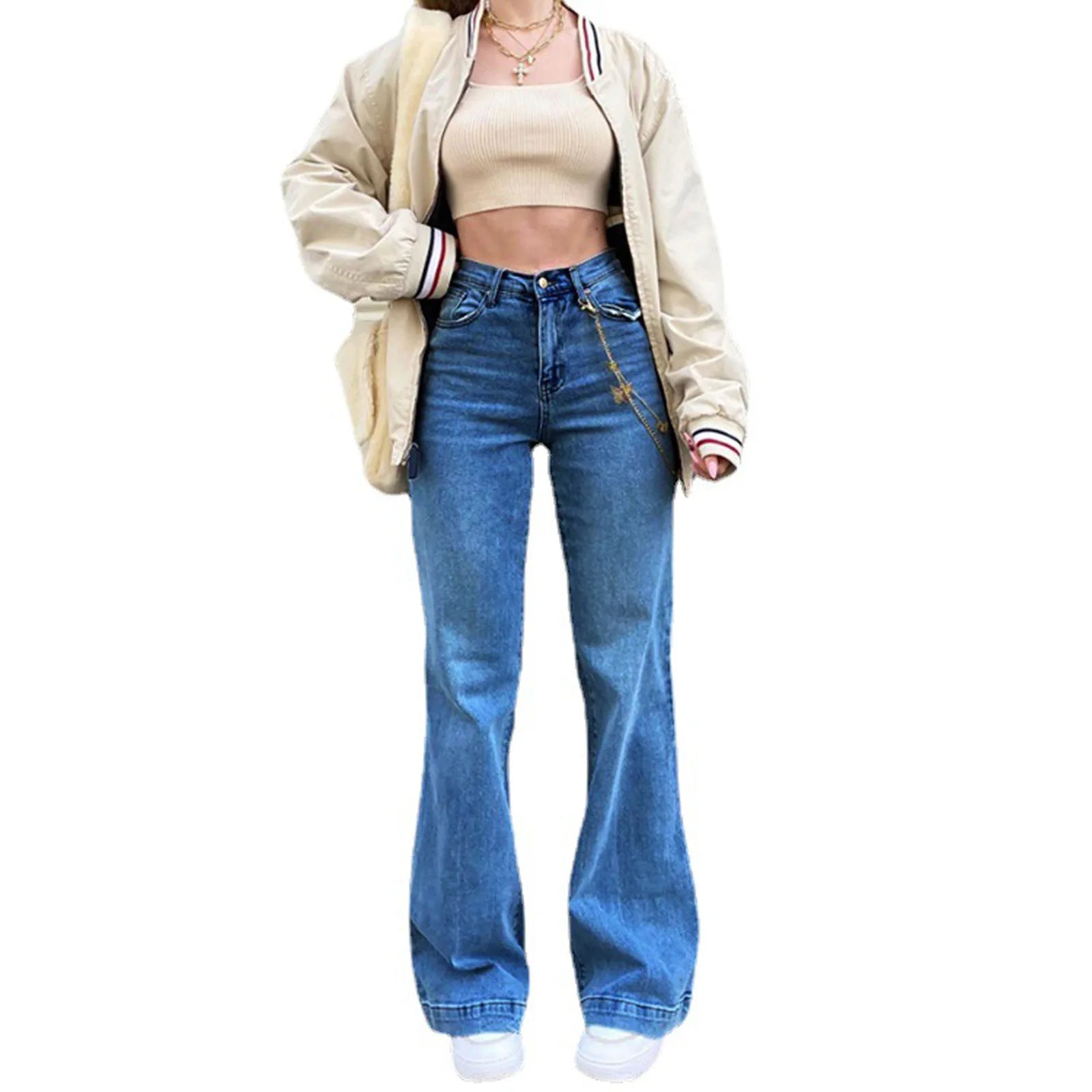 Women Denim Flared Pants Casual Solid Color Stretchy High Waist Bell Bottom Jeans Streetwear Baggy Jeans For Women Trousers Secondary image