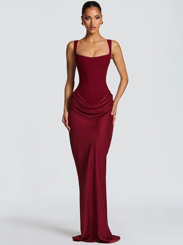 Mozision Elegant Backless Sexy Maxi Dress Women Gown Fashion Square Collar Sleeveless Skinny Ruched Club Party Long Dresses Main image