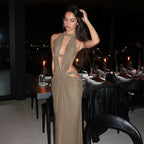 Halter Cut-Out Draped Super-Cut Back Bare Elegant Party Maxi Dress Waistless Backless Sleeveless Khaki Evening Prom Long Dress