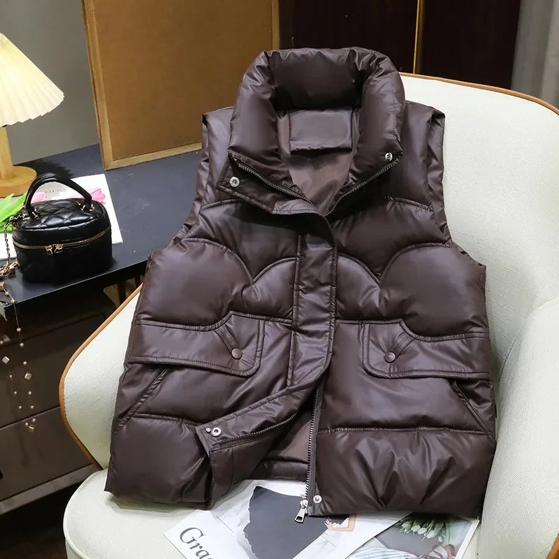 Down Cotton Vest Women 2025 New Autumn Winter Fashion Stand Collar All-Match Warm Sleeveless Waistcoat Jacket Ladies Female Tops Main image