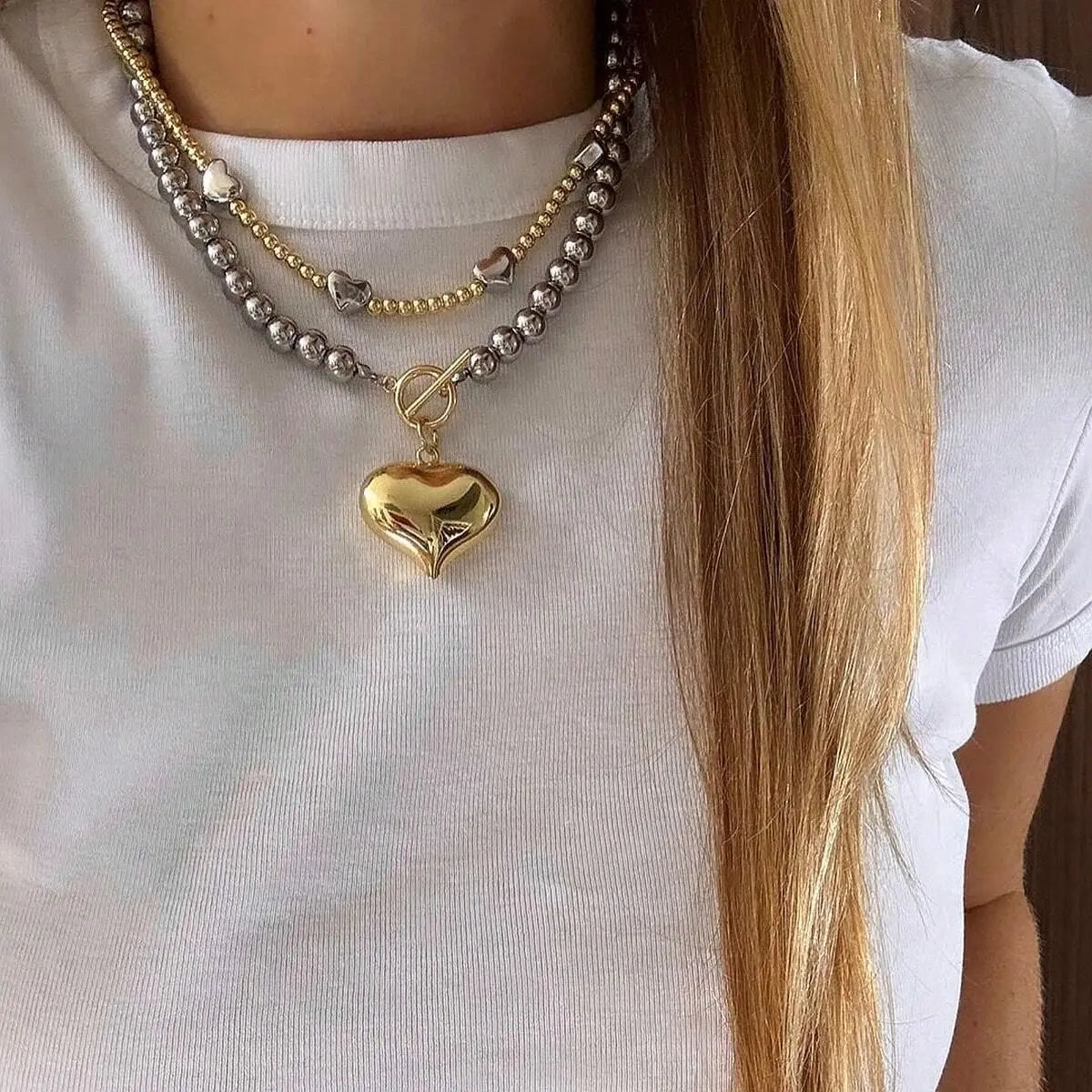 Y2k Stainless Steel Heart Pendant Bead OT Clasp Necklace For Women Men Fashion Geometric Charm Necklace Party Jewelry Gifts Main image