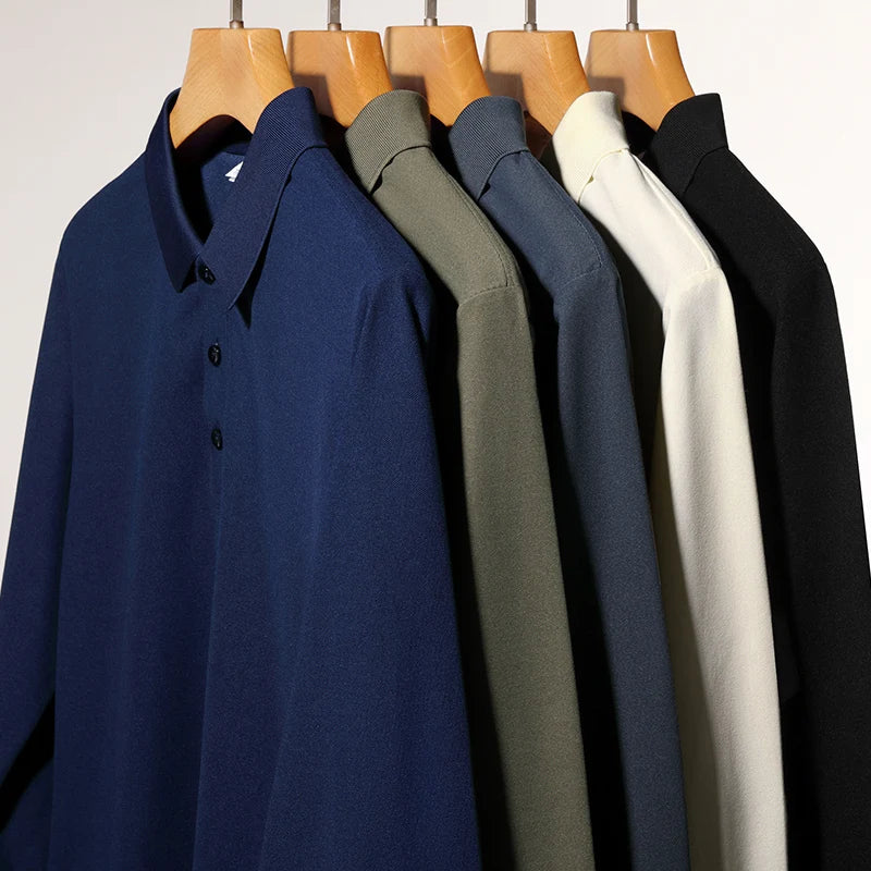Autumn new men's long sleeved cotton polo shirt, middle-aged business, comfortable, solid color, loose men's lapel T-shirt