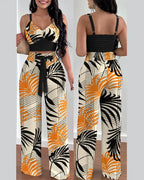 2 Piece Outfits For Women 2025 Sexy V-Neck Strap Shirred Slim Crop Top & Lace-up Wide Leg Pants Sets Elegant Office Lady Suit
