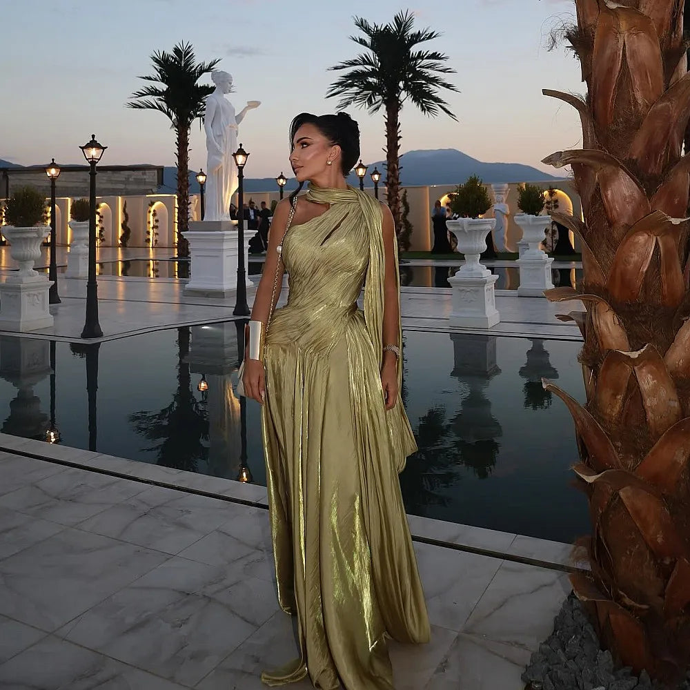 One Shoulder Draped Evening Dresses With Neck Piece Sheath Shiny Wedding Party Gowns Aso Ebi Prom Dress Secondary image
