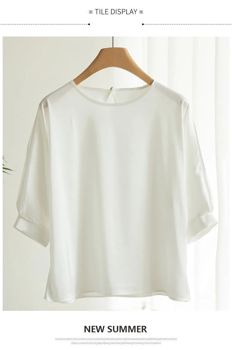 New In Summer Satin Silk Half-Sleeve Tee Tops Basic Solid Women‘s T-Shirt Casual O-neck Thin Shirts Ladies Loose Blouses