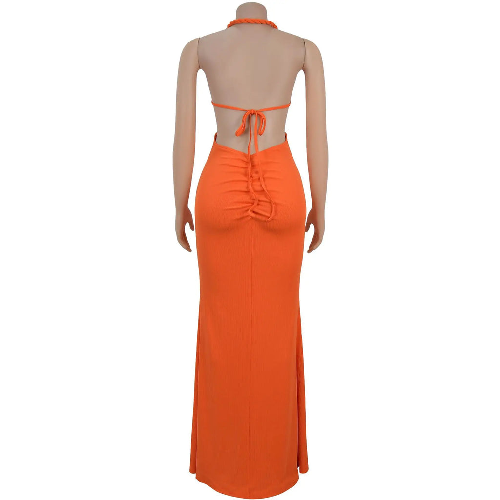 Women's Hollow Out Sleeveless Sexy Knitted Halter Neck Backless Solid Color Dress for Summer 2025