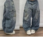 Street Vintage Jeans New Y2K Harajuku Wash Blue Multiple pockets Baggy Jeans Denim Pants Mens Womens High Waist Wide Trousers