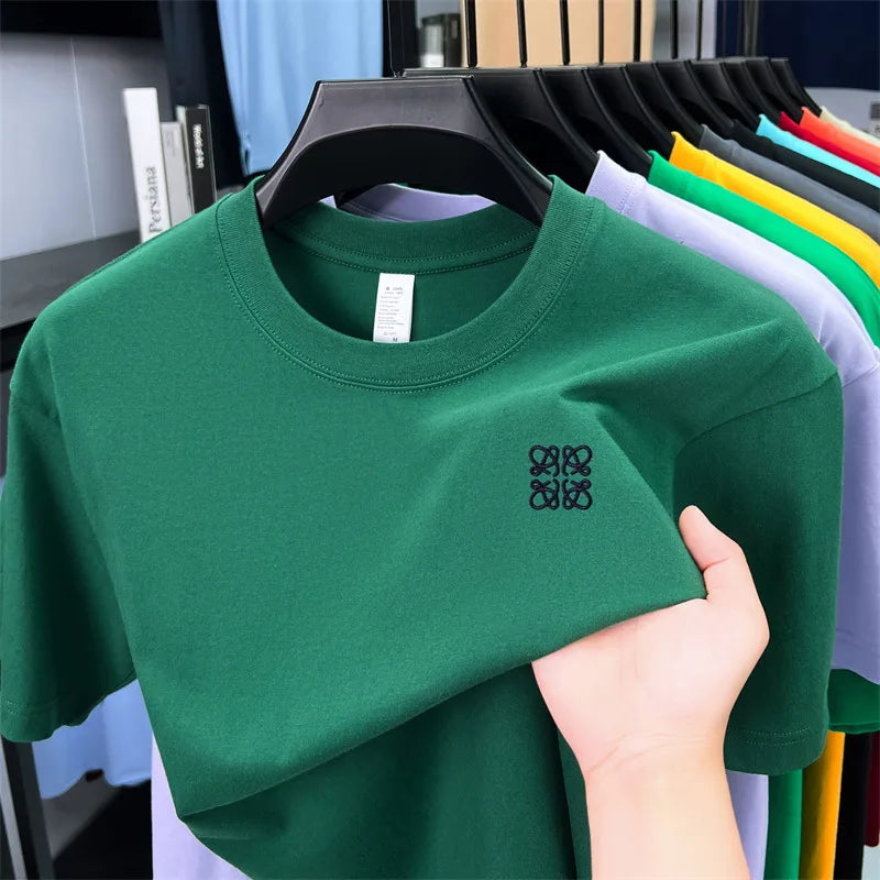 Summer Luxury 100%cotton Man Short-Sleeved T-Shirt Round Neck Delicate Embroidery Absorb Sweat Ventilate Leisure Men's Clothing