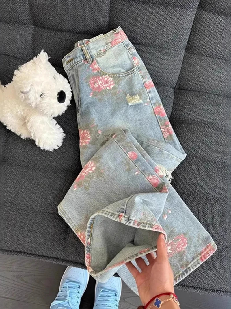 Vintage Cute High Waisted Straight Leg Jeans Casual Y2K Flower Printed Fringe Ripped Streetwear Denim Pants