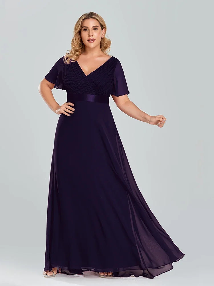 Prom Dresses Plus Size Evening Dresses Long  Elegant A Line V Neck Ruffles Chiffon Formal Wedding Party Dress Robe De Soiree