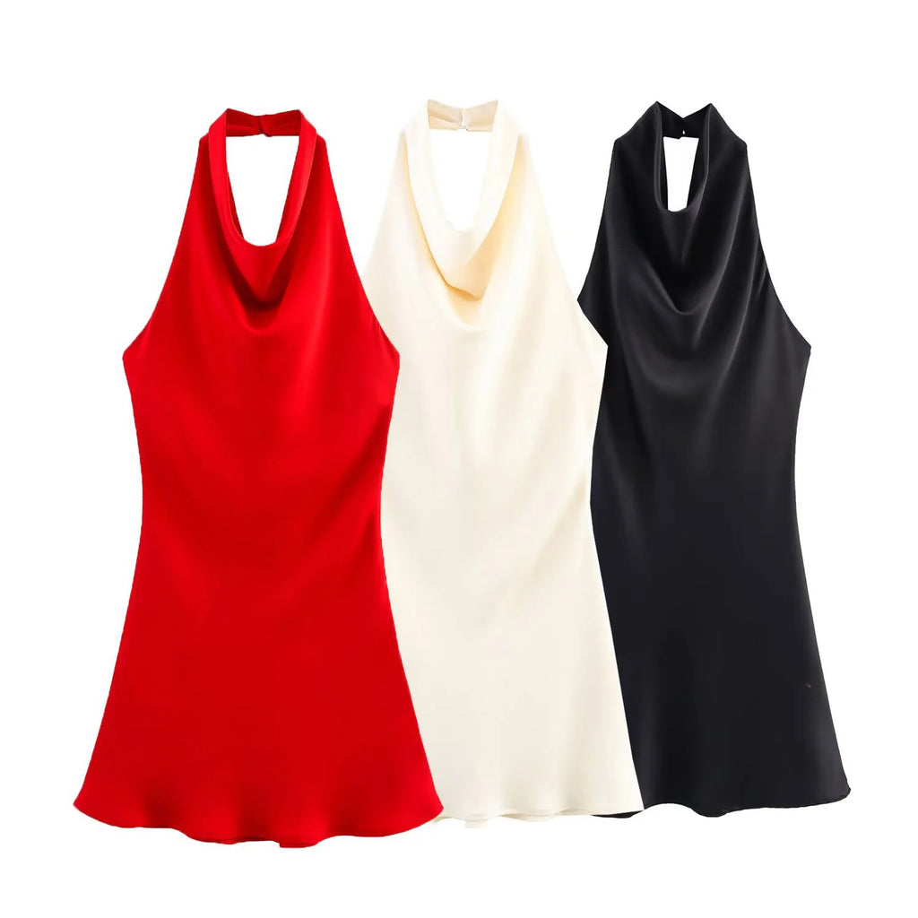 2026 Summer New Women's Clothing Simple Temperament Fashionable And Sexy Backless Silk Satin Texture Hanging Neck Dress