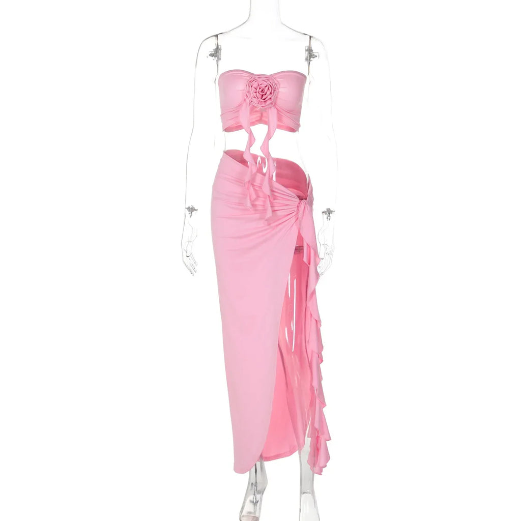 Women's Elegant Two Pieces Dresses Suits Flower Corset Top and High Slit Long Skirts Matching Sets Red Pink Vacation Outfit & 2026