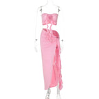 Women's Elegant Two Pieces Dresses Suits Flower Corset Top and High Slit Long Skirts Matching Sets Red Pink Vacation Outfit & 2026