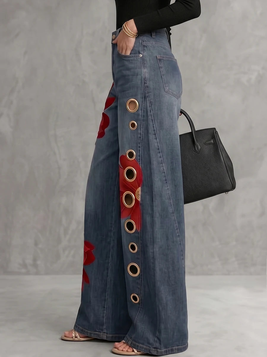 Freeacy Women's Vintage Blue Denim Wide Leg Jeans Red Flower Printed Metal Ring Hollow Out Loose Full Length Trousers Pants