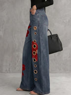 Freeacy Women's Vintage Blue Denim Wide Leg Jeans Red Flower Printed Metal Ring Hollow Out Loose Full Length Trousers Pants
