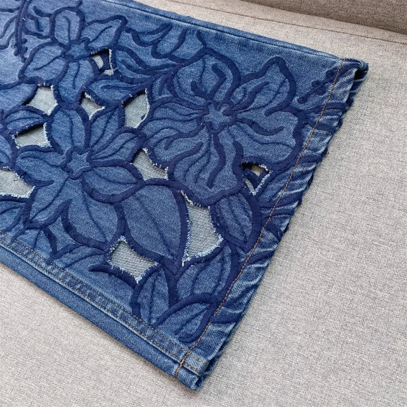 Summer Women Jeans Floral Embroidery Straight Trousers Designer Streetwear Casual Hollow Out Vintage High Waist Denim Long Pants