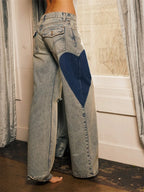 Combhasaki Womens Y2K Ripped Wide-Leg Jeans Heart Shaped Print Loose Fit Trousers Button Low Waist Denim Long Pants with Pockets