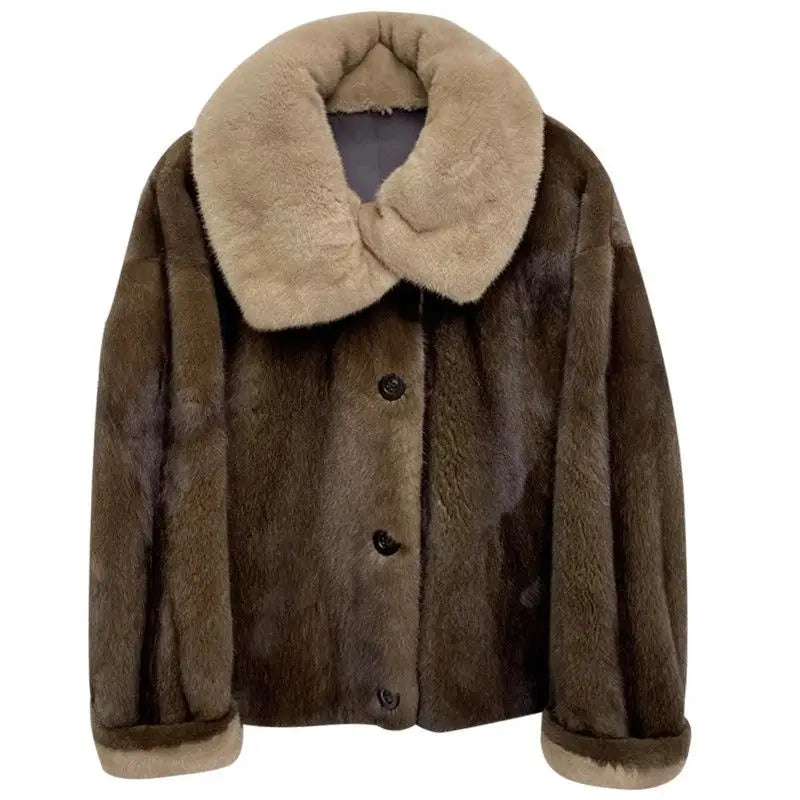 2025 New Coffee Colored Faux Mink Fur Spliced Lapel Fur Coat for Women Young and Loose Main image