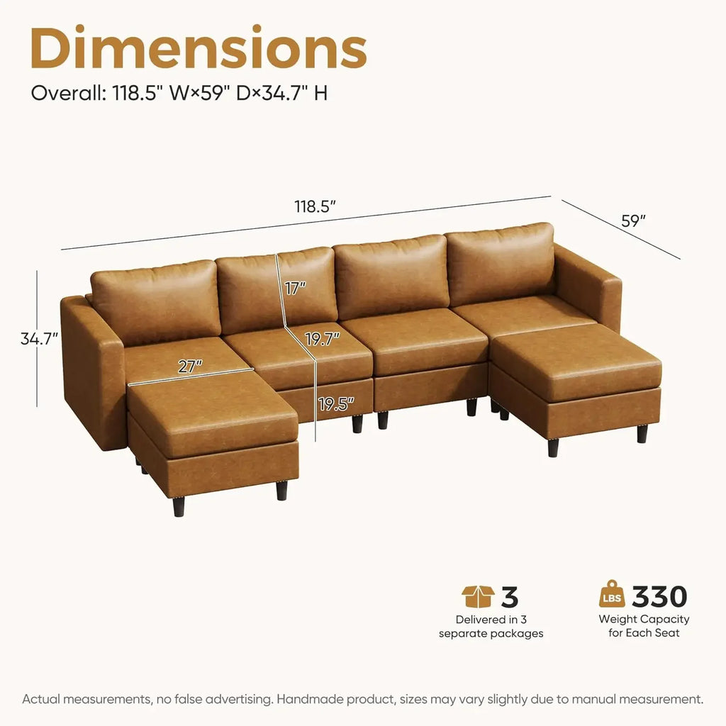 Oversized Modular Sectional Sofa, 118.5" Faux Leather 6 Seater U Shaped Couch with Movable Ottoman and Storage Seat